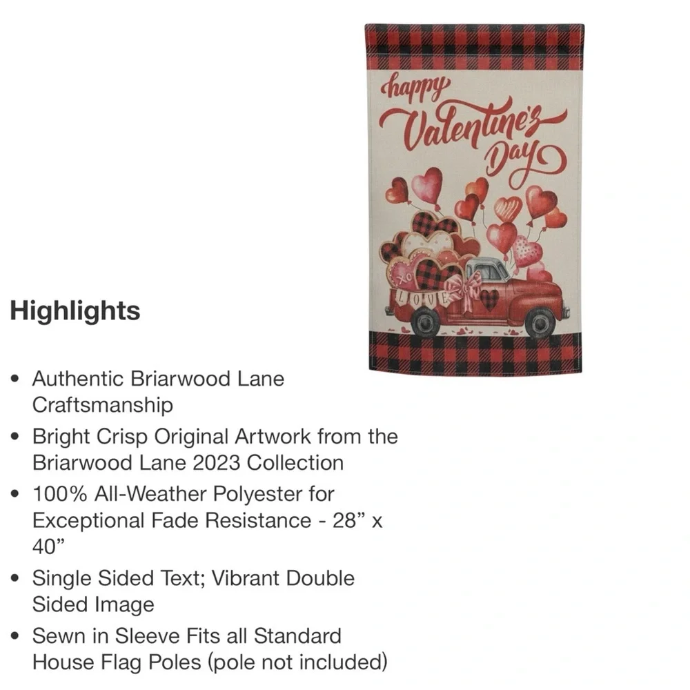 Briarwood Lane Happy Valentine’s Day House Flag Red Truck Hearts 28x40 Plaid